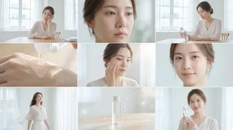 Create a clean, bright skincare commercial storyboard in a 16:9 layout with 9 pa - AI生成图片 2