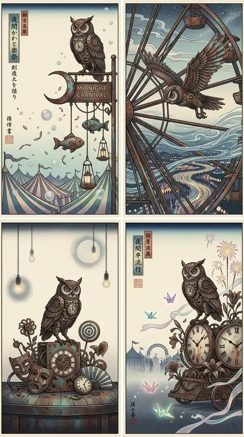 四联屏2x2拼贴展示，细窄米白分隔线，整体像午夜嘉年华主题的版画艺廊墙，统一采用浮世绘木版画语言，超精细雕版纹理、层层套印、纸张纤维可见、构图考究、展陈级完成度 - AI生成图片 3