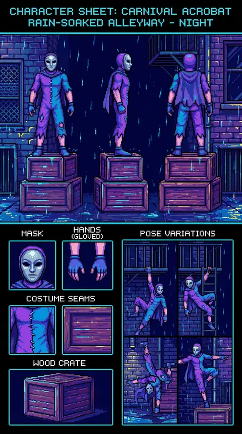 16-bit pixel art character sheet of a masked carnival acrobat in a rain-soaked b - AI生成图片 3