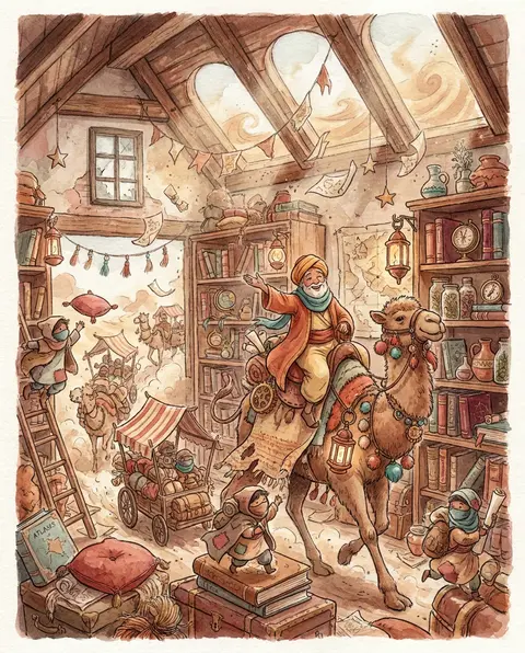 Watercolor storybook illustration of a fictional desert nomad caravan bursting t - AI生成图片 1