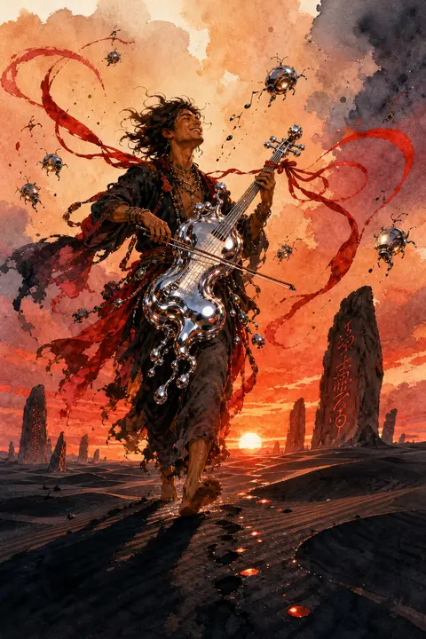 A jubilant wandering street musician strides barefoot across wind-carved dunes a - AI生成图片 1