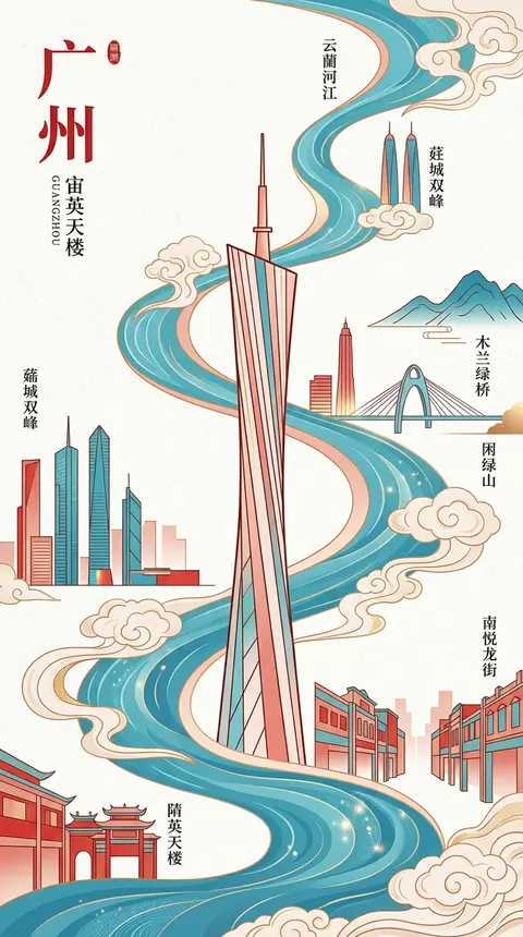 新中式极简高级城市海报，9:16竖版构图，以广州都市气韵为核心主题。画面中心塑造一座抽象几何化的“穗影天塔”，以极简线面结构提炼城市地标神韵，造型简洁克制却极具 - AI生成图片 3