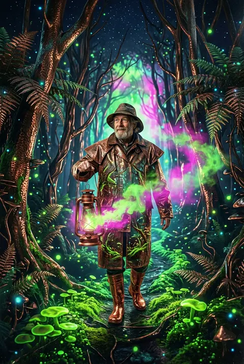 一位古怪的灯塔守夜人站在发光苔藓覆盖的小径中央，周围是夜色中的奇异森林，树干与蕨类像液态金属般泛着锤纹铜质光泽，枝叶间漂浮着顽皮的荧光孢子与细小光点；整幅画面采 - AI生成图片 2