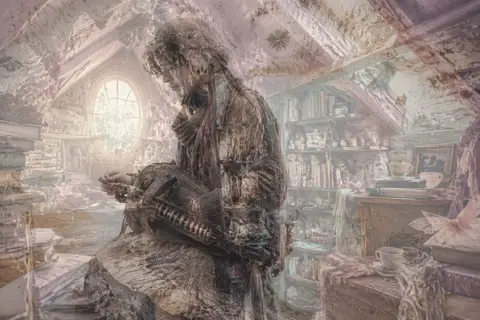 double-exposure photography of a wandering street musician nested inside a cozy - AI生成图片 2
