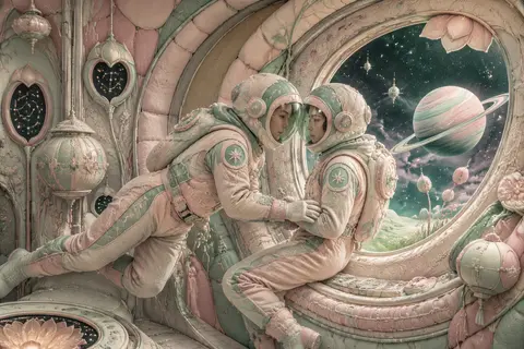 Twin astronaut explorers drifting through a hushed orbital conservatory, mirrore - AI生成图片 4