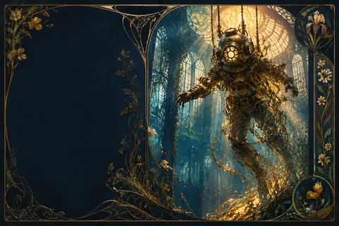 Art nouveau poster of a deep-sea diver suspended inside a sunlit greenhouse, bra - AI生成图片 3
