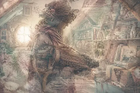 double-exposure photography of a wandering street musician nested inside a cozy - AI生成图片 3