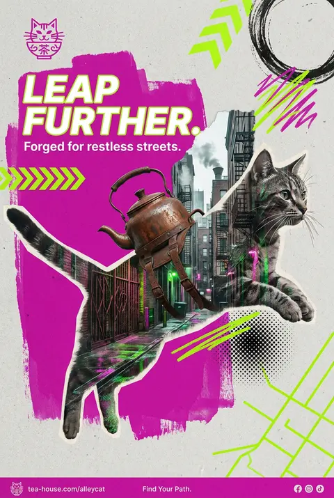 A monumental double-exposure campaign collage centered on a nimble tea-house cat - AI生成图片 1