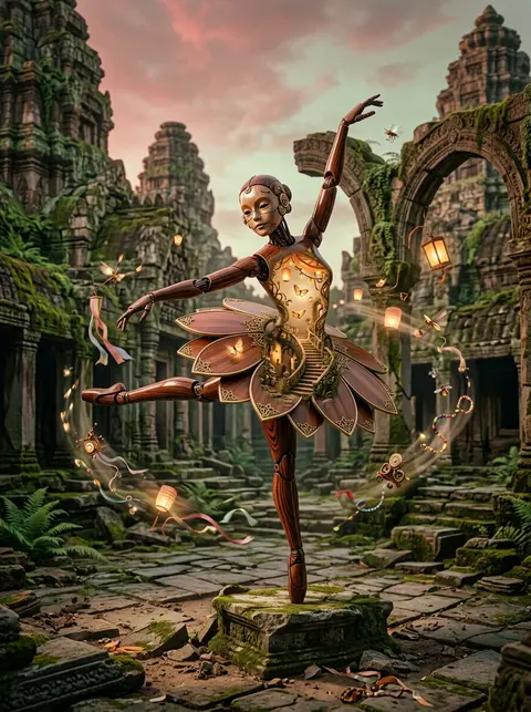 A robotic ballet dancer with articulated lacquered-wood limbs pirouettes across - AI生成图片 2