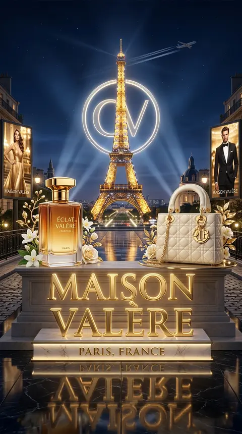 奢华高端“Maison Valère”主题广告海报，夜景巴黎场景，中央矗立发光金色“巴黎之光塔”地标，前景是超大立体金色 “MAISON VALÈRE” 字样与 - AI生成图片 2