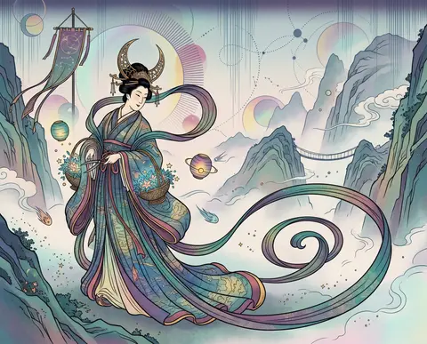 celestial gardener tending newborn stars along a fog-shrouded mountain pass, pla - AI生成图片 3