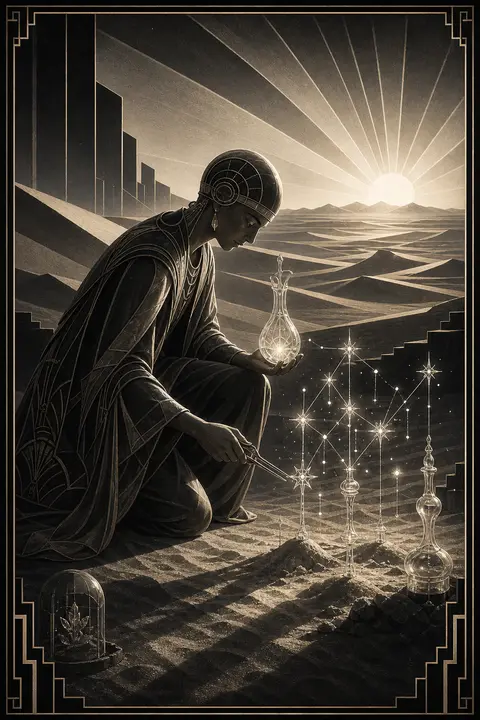 Art deco travel poster of a celestial gardener kneeling in a vast dawn desert, c - AI生成图片 2