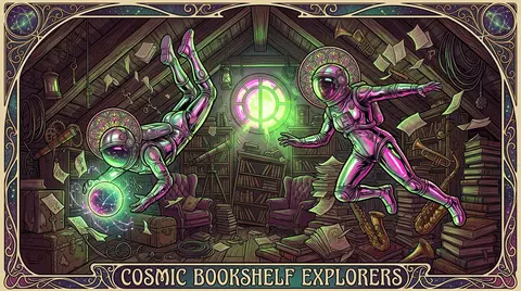 Two twin astronaut explorers with mirrored poses burst through a cozy, overstuff - AI生成图片 1