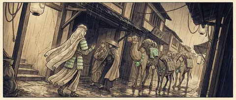A hushed rain-drenched side passage at dusk, rendered as an exquisite ukiyo-e wo - AI生成图片 1