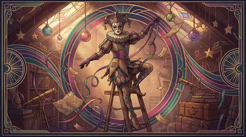 full-body editorial tableau of a masked carnival acrobat poised atop a teetering - AI生成图片 3