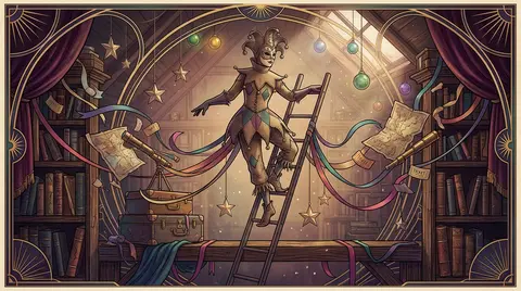 full-body editorial tableau of a masked carnival acrobat poised atop a teetering - AI生成图片 2