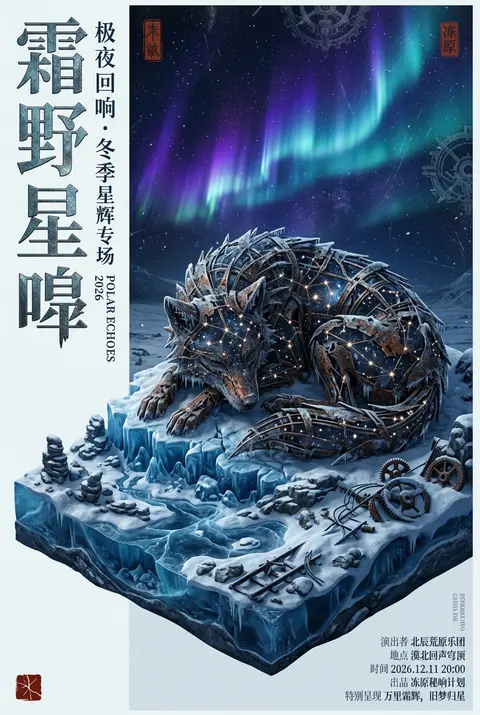 竖版高端艺术演出海报，完全重构为一座等距视角微缩场景：一头由星群与细碎光点编织成的巨狼，静静蜷伏在冰封苔原中央，轮廓像夜空被撕开后露出的星图骨架，身体局部呈锈蚀 - AI生成图片 1