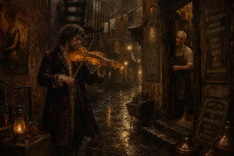 Across a narrow cobbled service lane shimmering with fresh rain, a weathered vio - AI生成图片 2