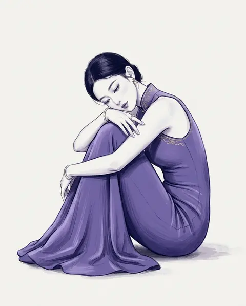 艺术海报插画，一位名为“沈月棠”的东方成年女性静静坐在地面上，双臂轻柔环抱膝盖，身体微微内收，呈现安静、清冷而柔和细腻的气质；她拥有丰腴流畅的曲线，重点刻画抱膝 - AI生成图片 1