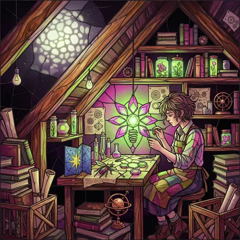竖版 9:16 梦幻静谧概念海报，一位年轻的改造发明师蜷坐在温馨却堆满杂物的阁楼书库里，周围斜顶木梁间塞满古旧书册、微型齿轮图纸、发光标本瓶与奇异机械零件；主体 - AI生成图片 2