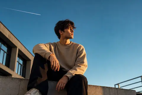 Create a cinematic lifestyle portrait of a stylish young man sitting casually on - AI生成图片 1
