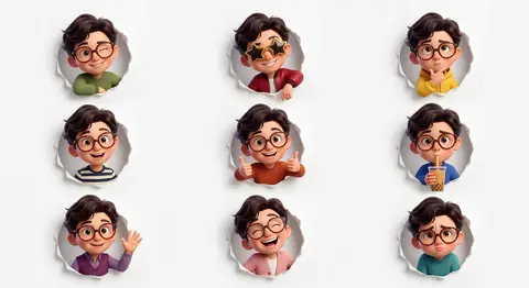 3D Pixar-style expression sheet featuring an adorable stylized avatar named Milo - AI生成图片 1