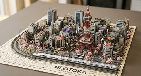 一张超写实微缩场景摄影风格的“NEOTOKA”立体城市模型，仿佛从一张印有城市地图的厚卡纸中精巧地生长而出，地图底部清晰印着大字“NEOTOKA”。画面中心偏右 - AI生成图片 2