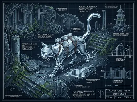 Ultra-detailed blueprint schematic of a solitary tea-house cat wandering through - AI生成图片 3