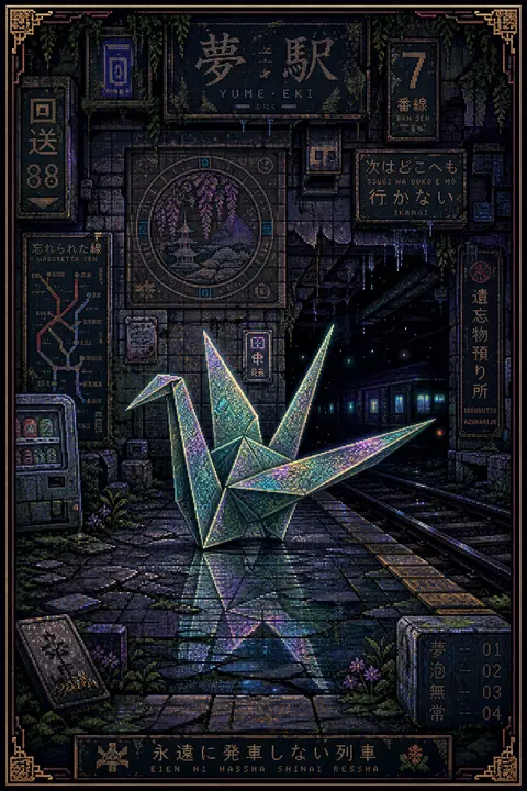 A tranquil 16-bit pixel art poster scene set on a derelict subway platform flood - AI生成图片 1