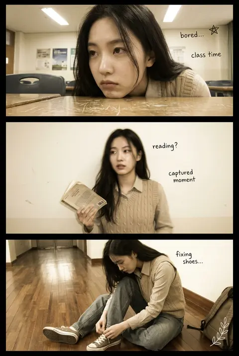 A vertical 3-panel college-era photo strip featuring Yuna Seorim, a long-haired - AI生成图片 3