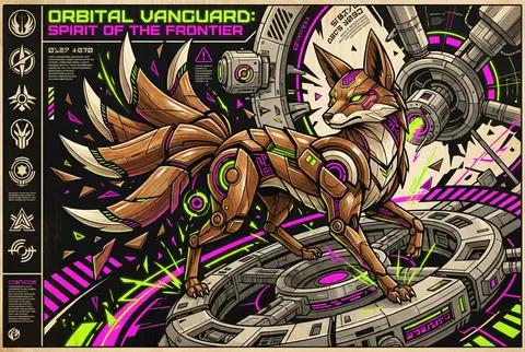 A feral nine-tailed fox spirit dominates a tall orbital-station propaganda poste - AI生成图片 1