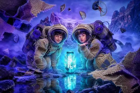 Surrealist photo collage of twin astronaut explorers in a fog-shrouded mountain - AI生成图片 1