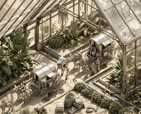 isometric miniature scene inside a sunlit greenhouse, tense cinematic atmosphere - AI生成图片 2