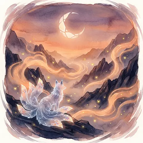 mythical nine-tailed fox spirit wandering a fog-shrouded mountain pass, frosted - AI生成图片 3