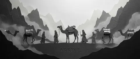 A desert nomad caravan pausing in a fog-shrouded mountain pass, rendered as an i - AI生成图片 3
