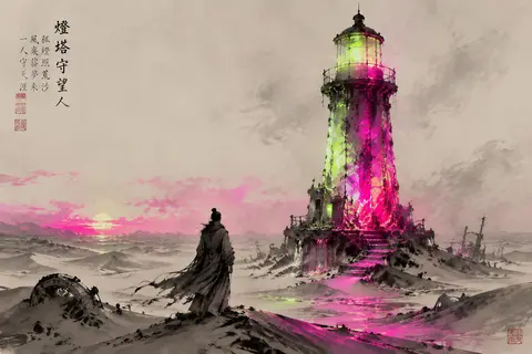 A solitary lighthouse keeper in a windswept desert at dawn, tending a towering b - AI生成图片 2