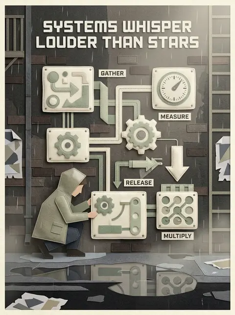 A bauhaus geometric poster of a young tinkering inventor crouched in a rain-dren - AI生成图片 2