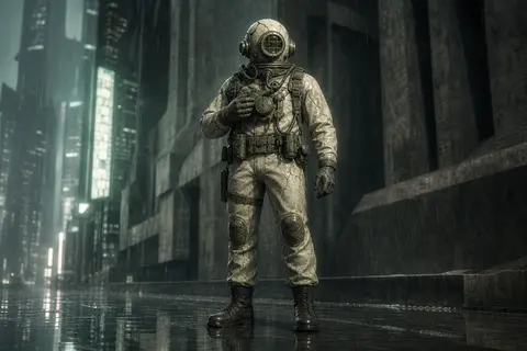 a tense deep-sea diver in a neon-lit rainy megacity, brutalist concrete render, - AI生成图片 1
