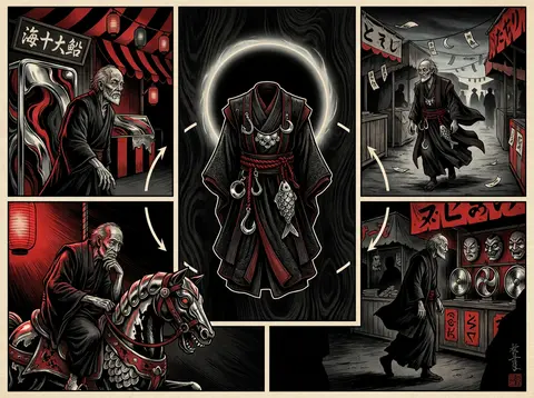 An eerie ukiyo-e woodblock fashion tableau centered on an elderly fisherman drap - AI生成图片 3