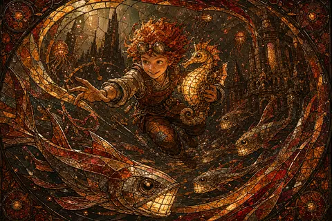 A playful, whimsical stained-glass mosaic scene deep in a colossal underwater ab - AI生成图片 2