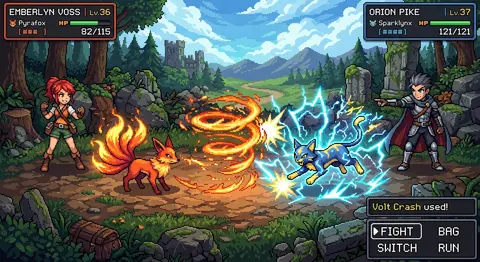 A richly detailed pixel-art battle scene inspired by a classic monster-collector - AI生成图片 1