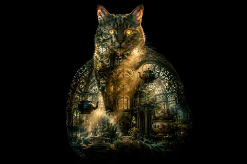 A monumental double-exposure photograph of an imperious tea-house cat poised lik - AI生成图片 2