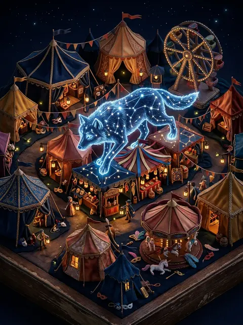 an isometric miniature midnight carnival centered on a wolf shaped entirely from - AI生成图片 1