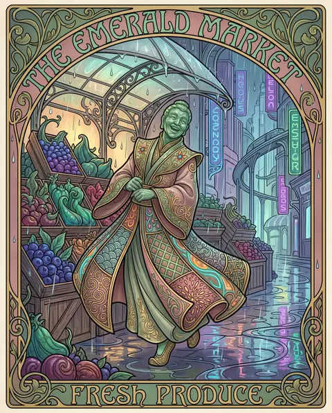 Whimsical art nouveau poster of a laughing fruit vendor twirling beneath a trans - AI生成图片 2