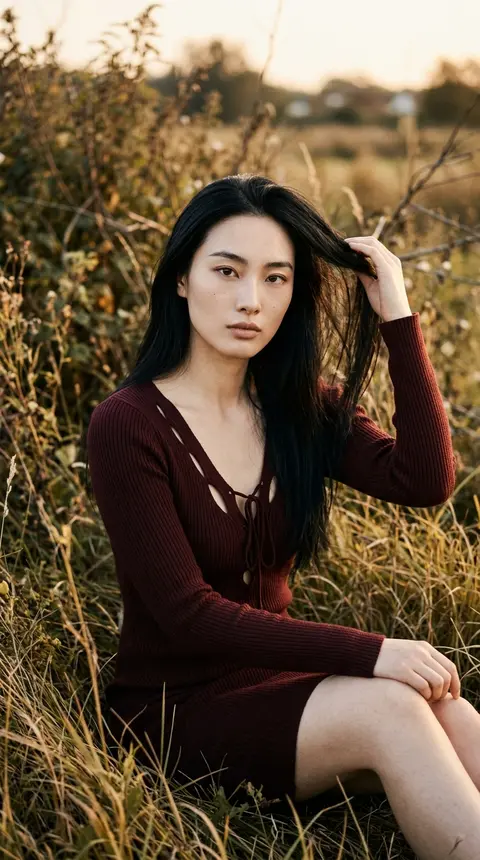 电影感超写实人像摄影，竖构图，半身至大腿取景：年轻成年女性“林昭棠”坐在户外荒草地间，冷白通透的肤色，面部轮廓精致立体，浓眉清晰，微微上挑的杏眼直视镜头，裸调饱 - AI生成图片 3