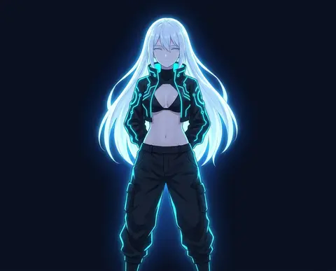 full body view of a mysterious anime woman, long flowing white hair, futuristic - AI生成图片 3