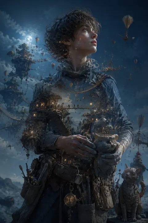 Dreamlike serene double-exposure portrait of a young tinkering inventor poised o - AI生成图片 2