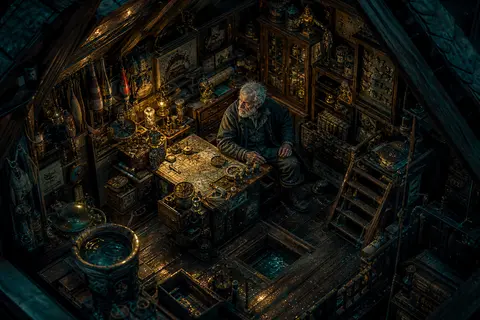 Isometric miniature scene inside a cozy cluttered attic library, starring an eld - AI生成图片 2