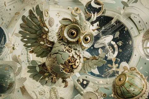 surrealist photo collage of a clockwork owl assembled from wet clay fragments an - AI生成图片 2