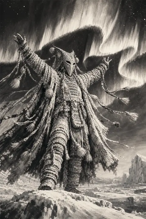 A towering masked carnival acrobat stands alone on a wind-carved polar expanse, - AI生成图片 2